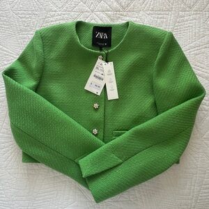 Zara Green Cropped Textured Jacket